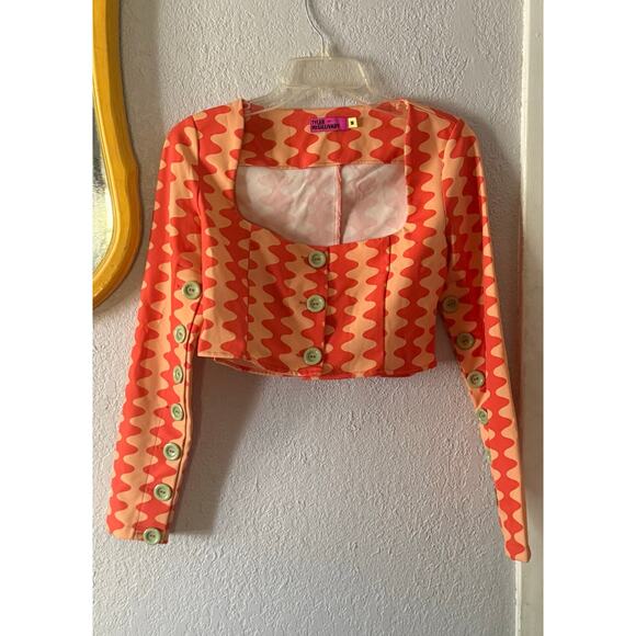 Tyler McGillivary Samara Orange Wave Print Cropped Button Top Size Medium - Picture 3 of 8